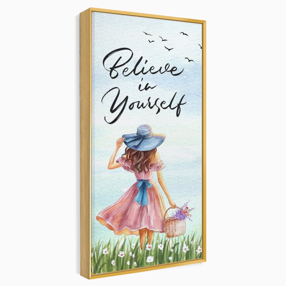 Tablou canvas cu ilustratie cu femeie si mesaj motivational, in rama de aluminiu auriu